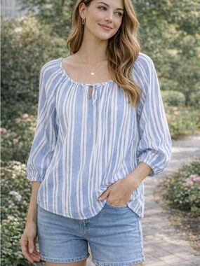 Croft & Barrow Blue White Striped Peasant Top Large Cotton 3/4 Sleeve